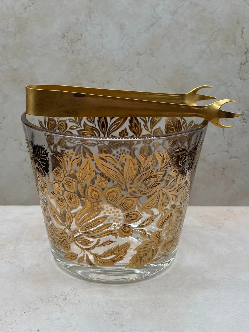 1960's Georges Briard MCM Persian Garden Ice Bucket And Tongs 22k Gold Embellish